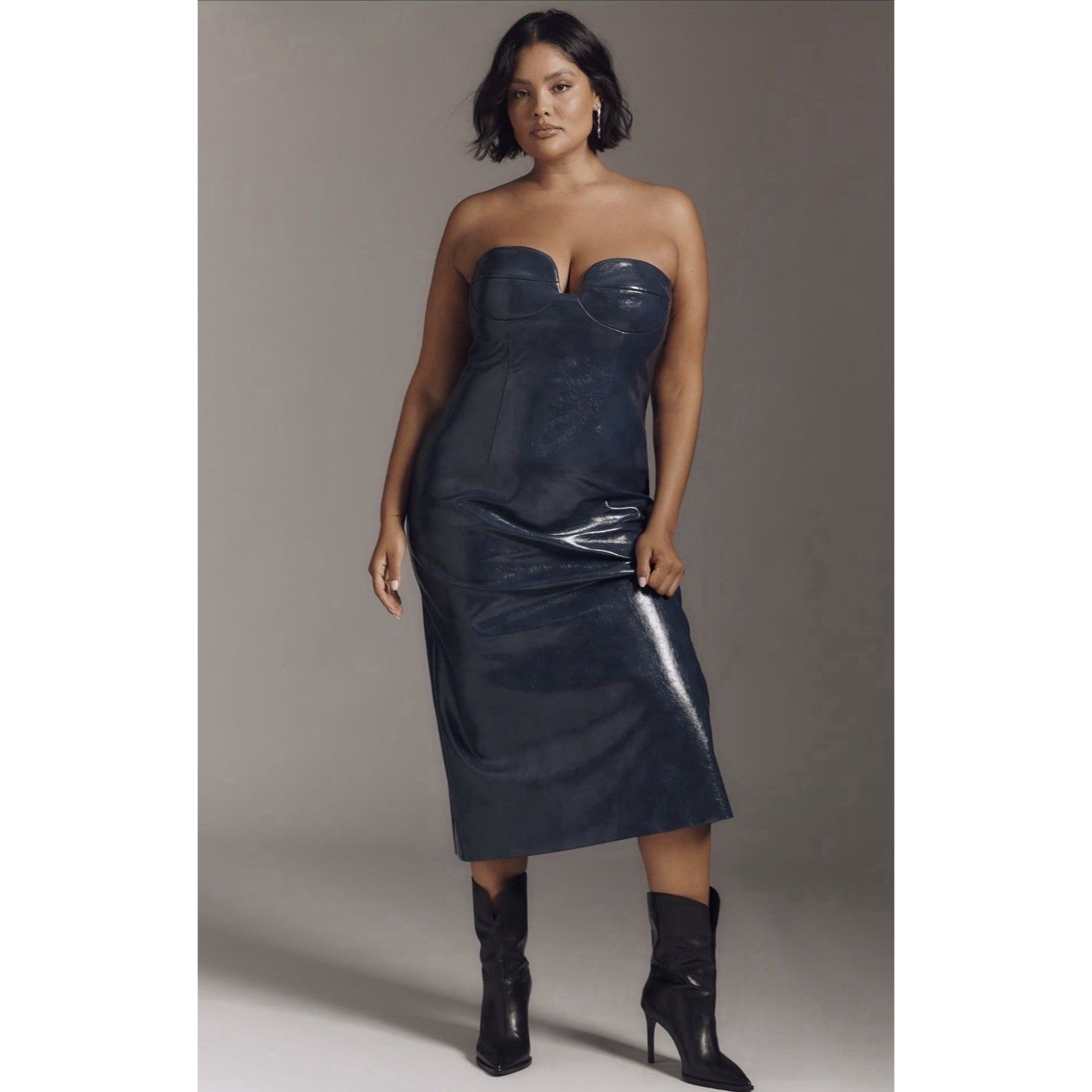 Anthropologie Mare Mare Midi Dress Blue Faux Leather Strapless Slim Large Nwt